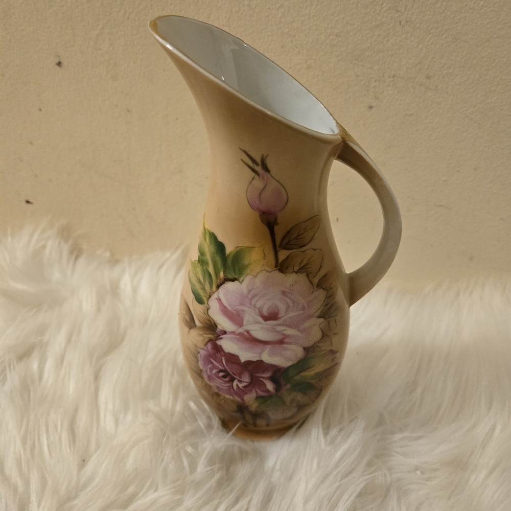 Rare Beauitful Japan Vase Floral Ceramic Pitcher with Pink and Green Accents